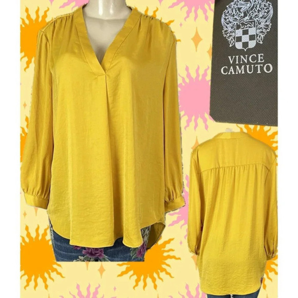 Vince Camuto +1X Marigold Hammered Satin Split Neck Step-Hem 3/4 Sleeve Blouse - Picture 1 of 6